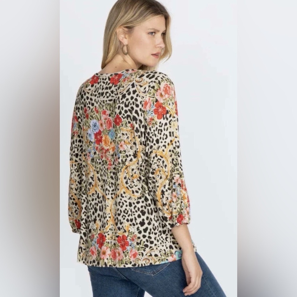 Johnny Was Leopard Floral Tunic Top Bamboo Viscose Puff Sleeve Boho XXS - Picture 4 of 12